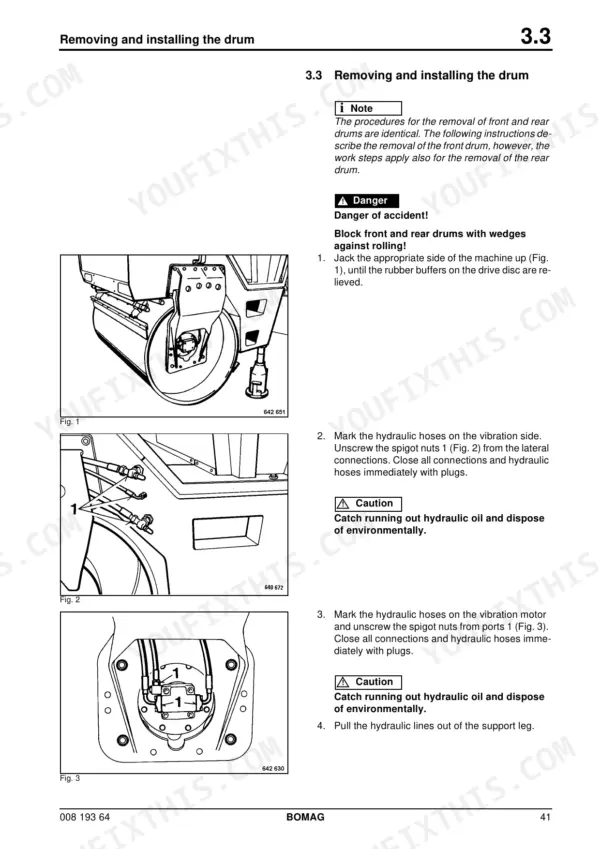 Bomag BW 161 AD-2, BW 202 AD-2 repair manual: procedures for removing and installing the drum and vibration motor hoses.