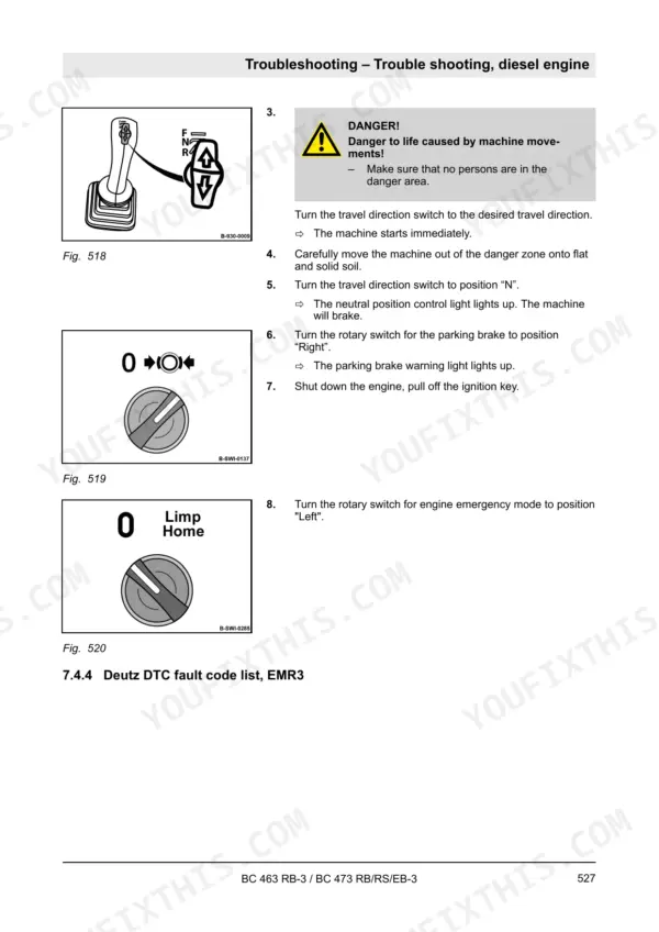 Bomag BC 463 RB-3, BC 473 RB-3, BC 473 RS-3, BC 473 EB-3 troubleshooting diesel engine, travel switch, parking brake, and limp home mode.