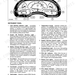 New Holland TC23DA, TC26DA instrument panel diagram and indicator light descriptions for gauges and warning lights.