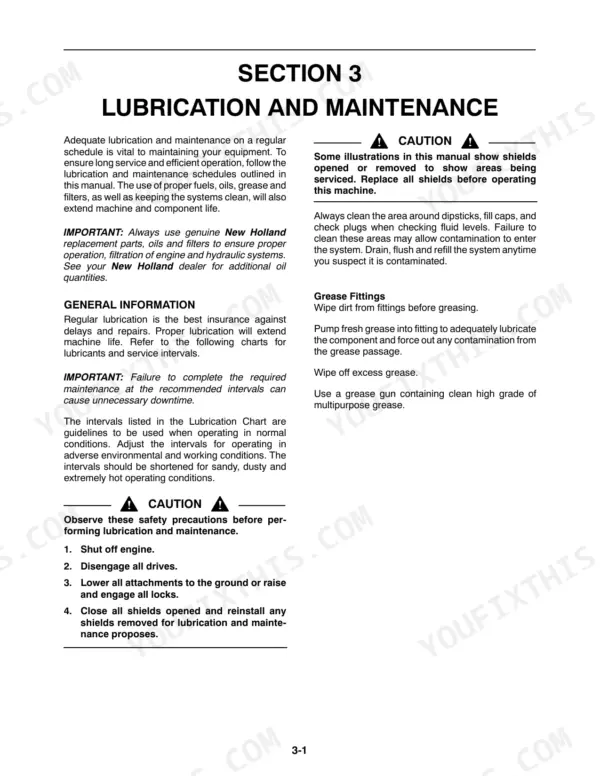 New Holland TC23DA, TC26DA lubrication and maintenance section, including safety precautions and grease fitting instructions.
