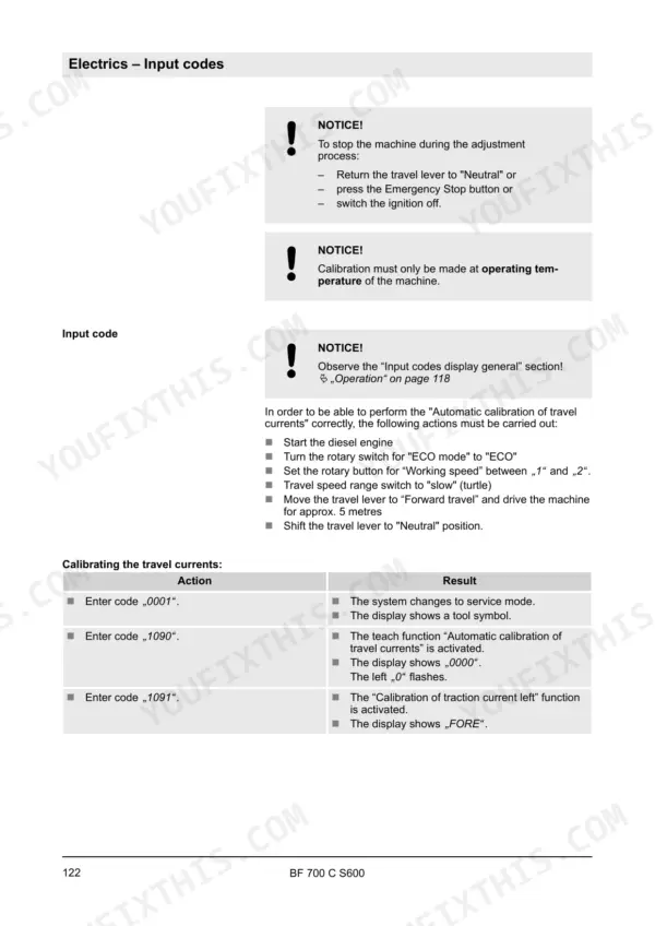 Bomag BF 700 C S600 procedure for calibrating travel currents using input codes 0001, 1090, and 1091.
