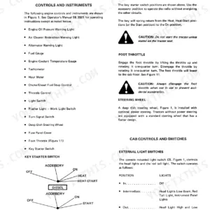 Ford 2600, 3600, 4100, 4600 controls and instruments guide, key starter switch positions, and external light switch operations.