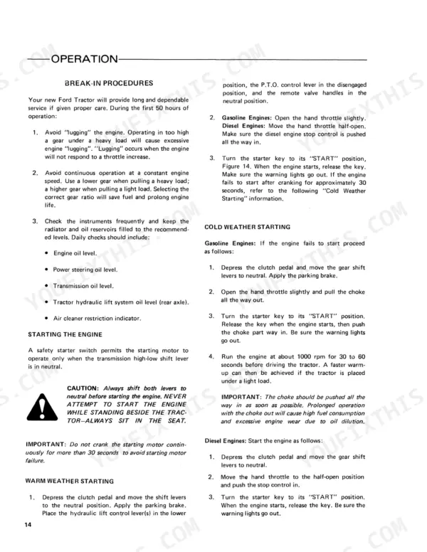 Ford 2600, 3600, 4100, 4600 tractor break-in procedures, engine starting instructions, and cold weather starting guide.