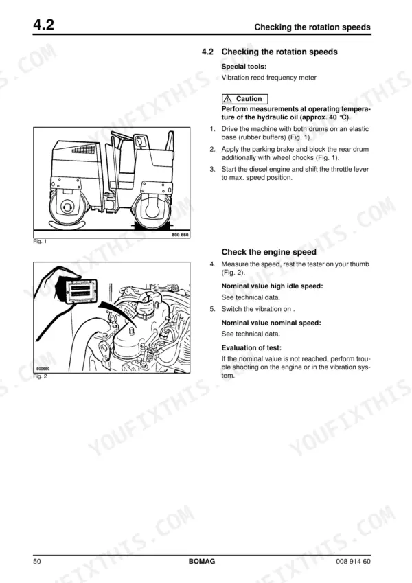Bomag BW 80 AD-2, BW 90 AD-2, BW 100 ADM-2, BW 90 AC-2, BW 80 ADS procedure for checking vibration frequency and engine speed.