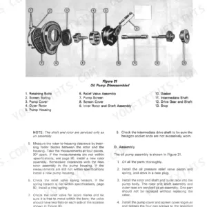 Ford 755, 755A, 755B exploded view of oil pump components, disassembly, and assembly procedures with numbered parts list.