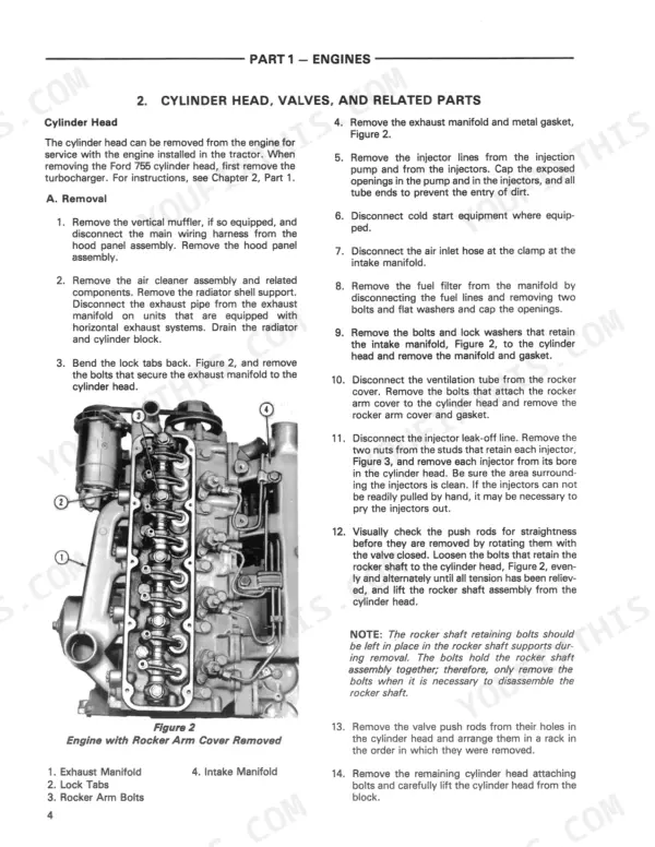 Ford 755, 755A, 755B engine cylinder head removal procedure and diagram showing rocker arm assembly and manifolds.