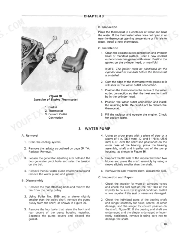 Ford 755, 755A, 755B service manual: engine thermostat installation diagram and water pump removal, disassembly, and repair procedures.