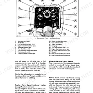 Ford 8210 mechanical instrument panel diagram with numbered components, gauges, and warning light identification list.
