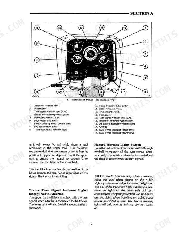 ca1d7c15-b-controls-19 Ford 8210 mechanical instrument panel diagram with numbered components, gauges, and warning light identification list.