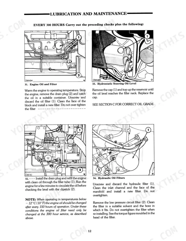Ford 8210 maintenance manual: 300-hour service procedures for engine oil, filter, hydrostatic steering, and hydraulic oil filters.
