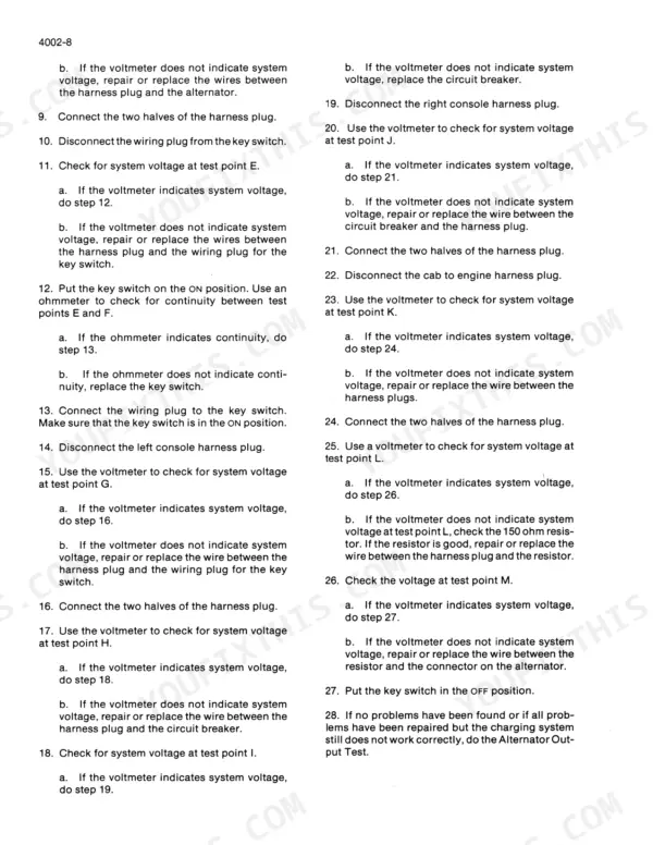 Case 1080, 1080B electrical troubleshooting steps for testing system voltage and continuity at various test points.