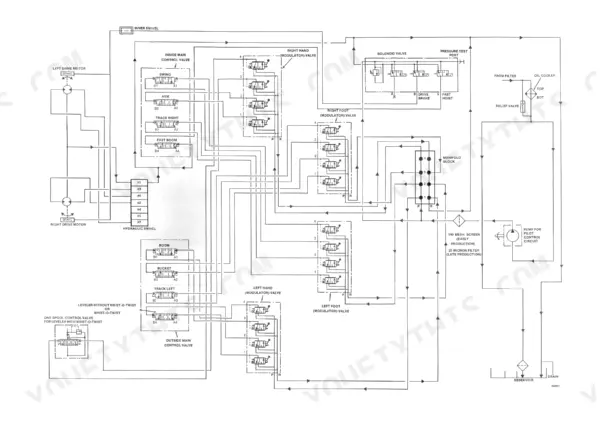 Case 1080, 1080B hydraulic schematic showing main control valves, modulator valves, drive motors, and pilot control circuit.