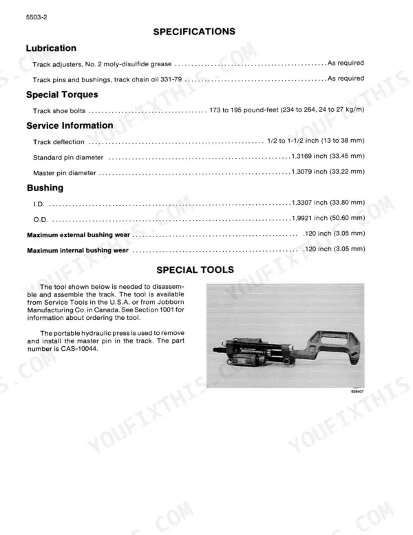 Case 1080, 1080B specifications for track lubrication, torque, bushing wear, and CAS-10044 hydraulic press tool.