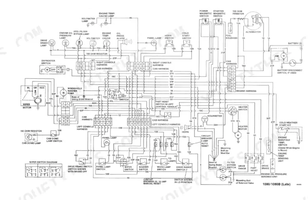 Case 1080, 1080B electrical wiring schematic showing cab, console, and engine harness connections, switches, and gauges.