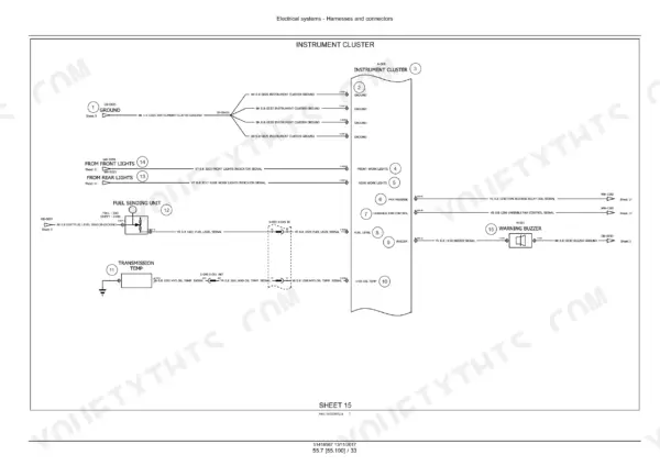 Case 1150M wiring diagram sheet 15, instrument cluster circuit
