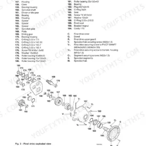 Case 1650K final drive exploded view diagram with numbered parts list for housing, gears, bearings, and seals.