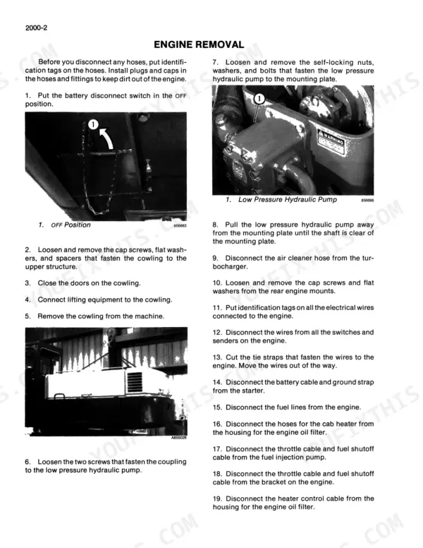 Case 170B engine removal procedure with photos of battery switch, hydraulic pump, and cowling removal steps.