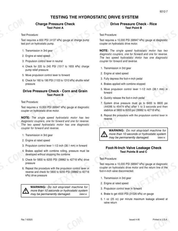 Case 2100, 2300 Series: Hydrostatic drive system testing procedures for charge, drive pressure, and foot-n-inch valve leakage.
