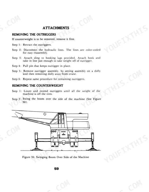 Case 2510 Cruz-Crane procedures for removing outriggers and counterweight with boom swing diagram.