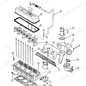 Case 310G, 350 exploded view of cylinder head, valve cover, rocker arms, intake and exhaust manifolds.