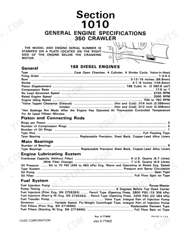 Case 310G, 350 engine specifications table for 188 diesel engines, including piston, bearing, and fuel system data.