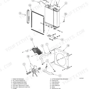 Case 410, 420, 420CT exploded view of radiator mounting system, including fan, shroud, hoses, and oil cooler components.