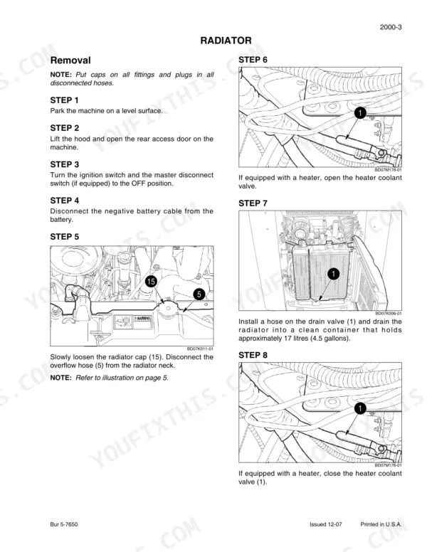 Case 410, 420, 420CT radiator removal procedure steps, including draining coolant and disconnecting heater valve hoses.