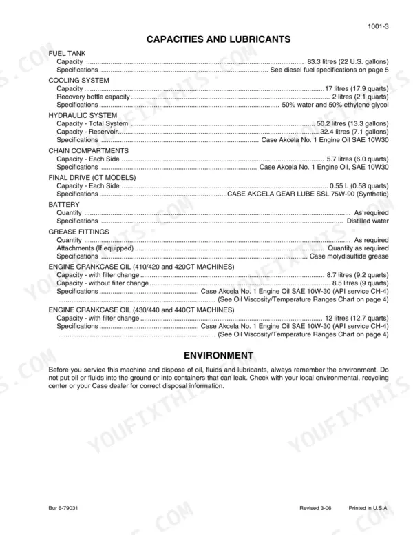 Case 410, 420, 420CT service manual page listing fluid capacities, lubricant specifications, and environmental disposal notes.