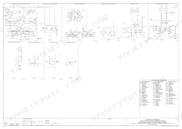 Case 410, 420, 420CT hydraulic schematic showing pilot control, joystick, and auxiliary system diagrams with component index.