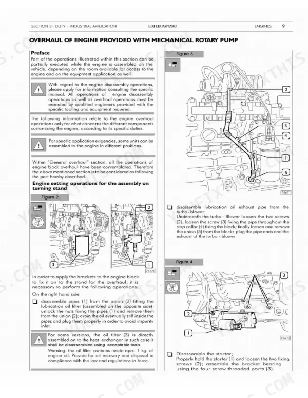 Case 445/M2, 445T/M2, 668T/M2 engine overhaul procedures, oil pipe, filter, and starter motor removal diagrams.