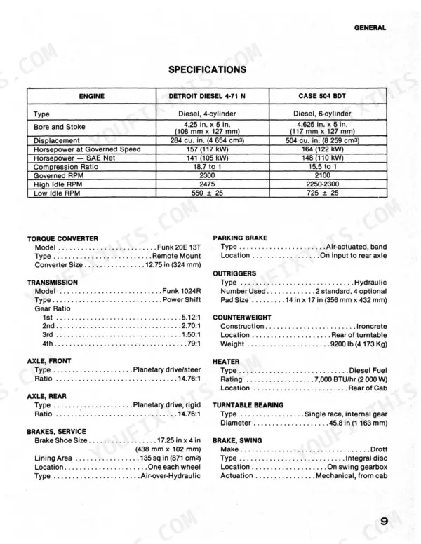 Case 45, 45 Cruz-Air engine specifications table and component data for transmission, axles, brakes, and outriggers.