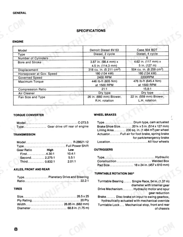 Case 5550 Cruz - Crane engine, transmission, brake, and turntable rotation technical specifications table.