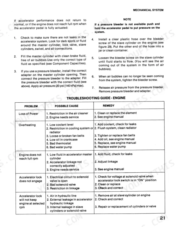 Case 5550 Cruz - Crane accelerator bleeding procedure and engine troubleshooting guide table.
