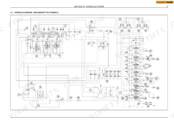 Full-page hydraulic circuit diagram for 2WS sideshift pilot control models, showing the pump, filters, sectional control valve and cylinder connections