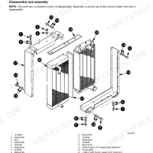 Case 588 exploded view diagram for replacing the radiator and oil cooler, showing brackets, foam seals, and hardware.