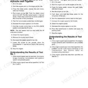 Case 721E service manual page detailing torque converter and hydraulic stall test procedures and result analysis.