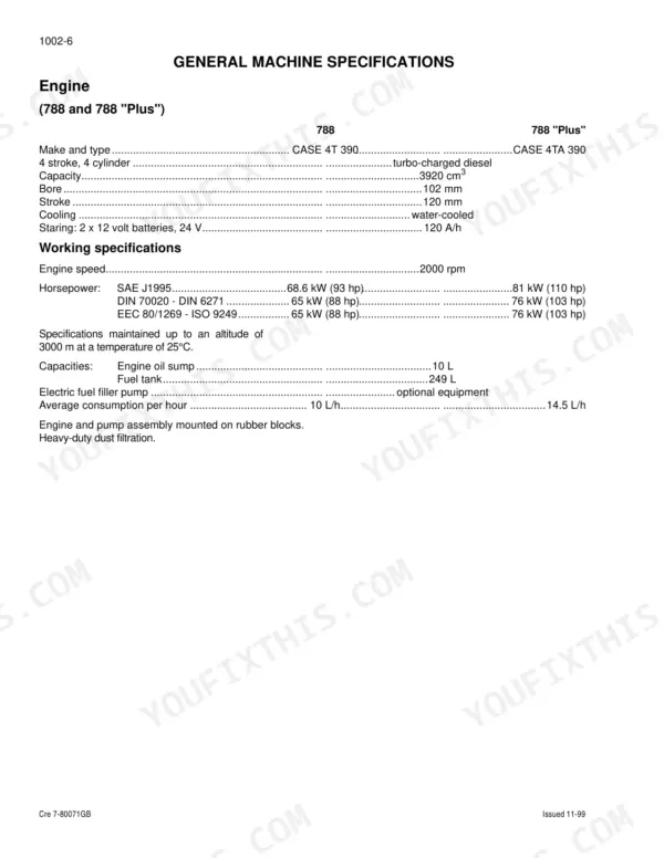 Case 788 engine specifications with power ratings, capacities and fuel consumption
