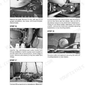 Case 821F wheel loader service manual, drive train: removing the transmission fill tube with cap and oil gauge, seals and metal strainer.