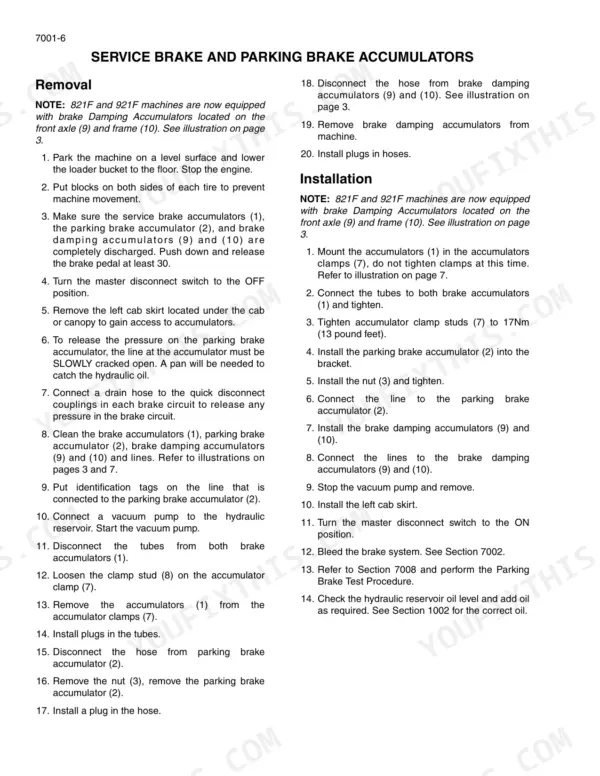 Case 821F wheel loader service manual, brake hydraulics: the brake valve and its lines laid out with numbered callouts for the accumulator, parking brake, pump input and valve discharge.