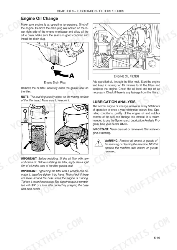 Case 845B, 865B, 885B VHP engine oil change procedure, drain plug location, and oil filter replacement diagrams.