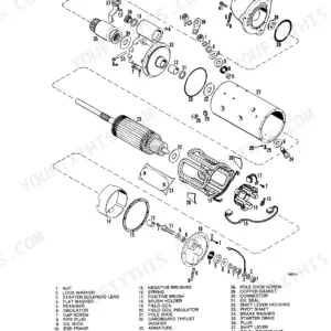 Case 880C exploded view diagram of Prestolite starter motor components including armature, field coil, and brush holder.
