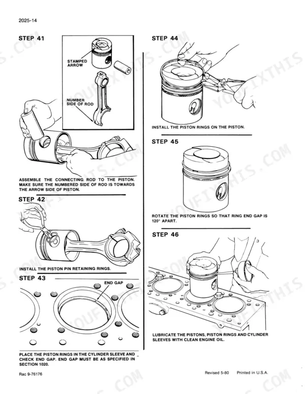 Case 880R engine service manual showing steps to assemble piston, connecting rod, install rings, check end gap, and lubricate cylinder.