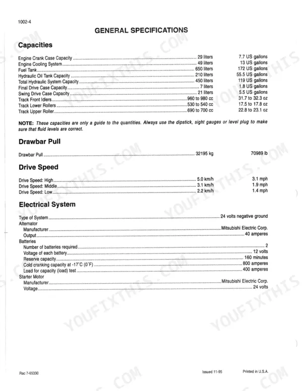 Case 9060B general specifications table listing fluid capacities, drawbar pull, drive speeds, and electrical system component data.