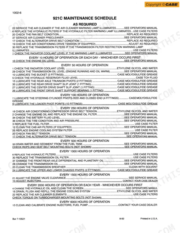 Case 921C, 621C, 721C maintenance schedule table listing service intervals, fluid checks, and lubrication points by operating hours.