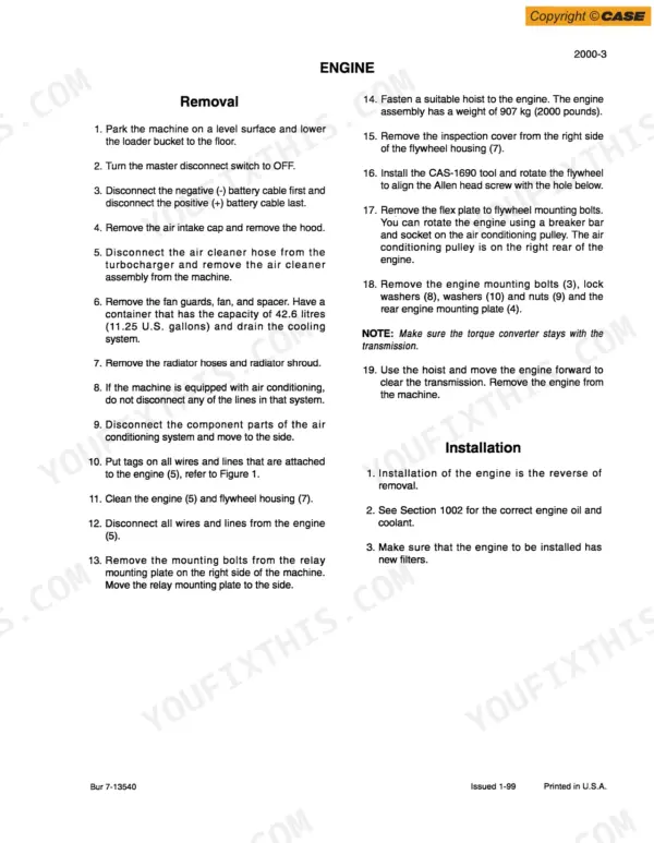 Case 921C, 621C, 721C engine removal and installation service manual procedures including flywheel and mounting bolt steps.