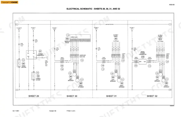 Case 921C, 621C, 721C electrical schematic showing radio, power converter, cigar lighter, and speaker wiring connections.