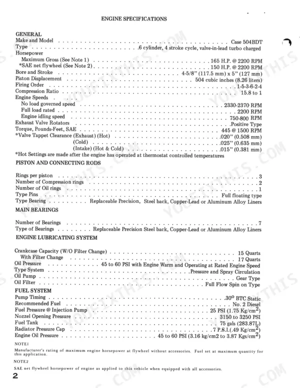 Case 980 engine specifications table for 504BDT engine including horsepower, valve clearance, lubrication, and fuel system data.