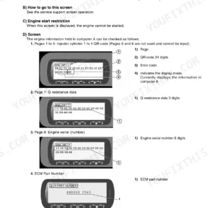Case CX135SR engine screen information, ECM injector QR code, Q resistance, and serial number display procedures.