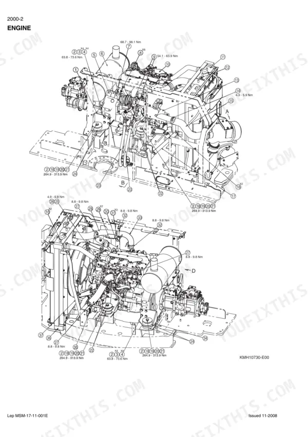 Case CX135SR engine exploded view diagram showing component mounting locations and torque specifications.