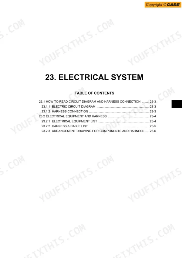 Case CX17B service manual table of contents for section 23, Electrical System, including circuit diagrams and harness lists.